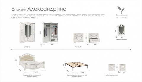 Спальный Гарнитур Александрина Белый/Патина Золото