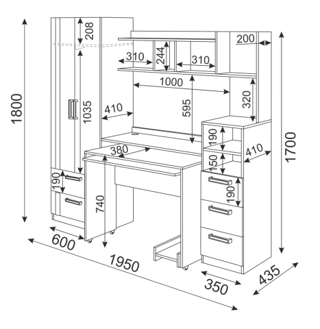 Уголок Школьника "Волкер" М 16 (Ш-1950 х Г-435 х В-1800 мм)/Ясень Шимо Светлый+Белый/Арабика